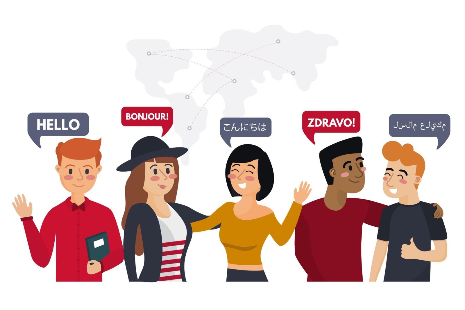 Five individuals stand side by side, each with a speech bubble containing greetings in different languages. From left to right, the greetings include "HELLO" in English, "BONJOUR!" in French, "こんにちは" in Japanese, "ZDRAVO!" in Serbian, and "مرحبا" in Arabic. Above them, a stylized world map with dotted lines connects various points, symbolizing global communication and diversity.