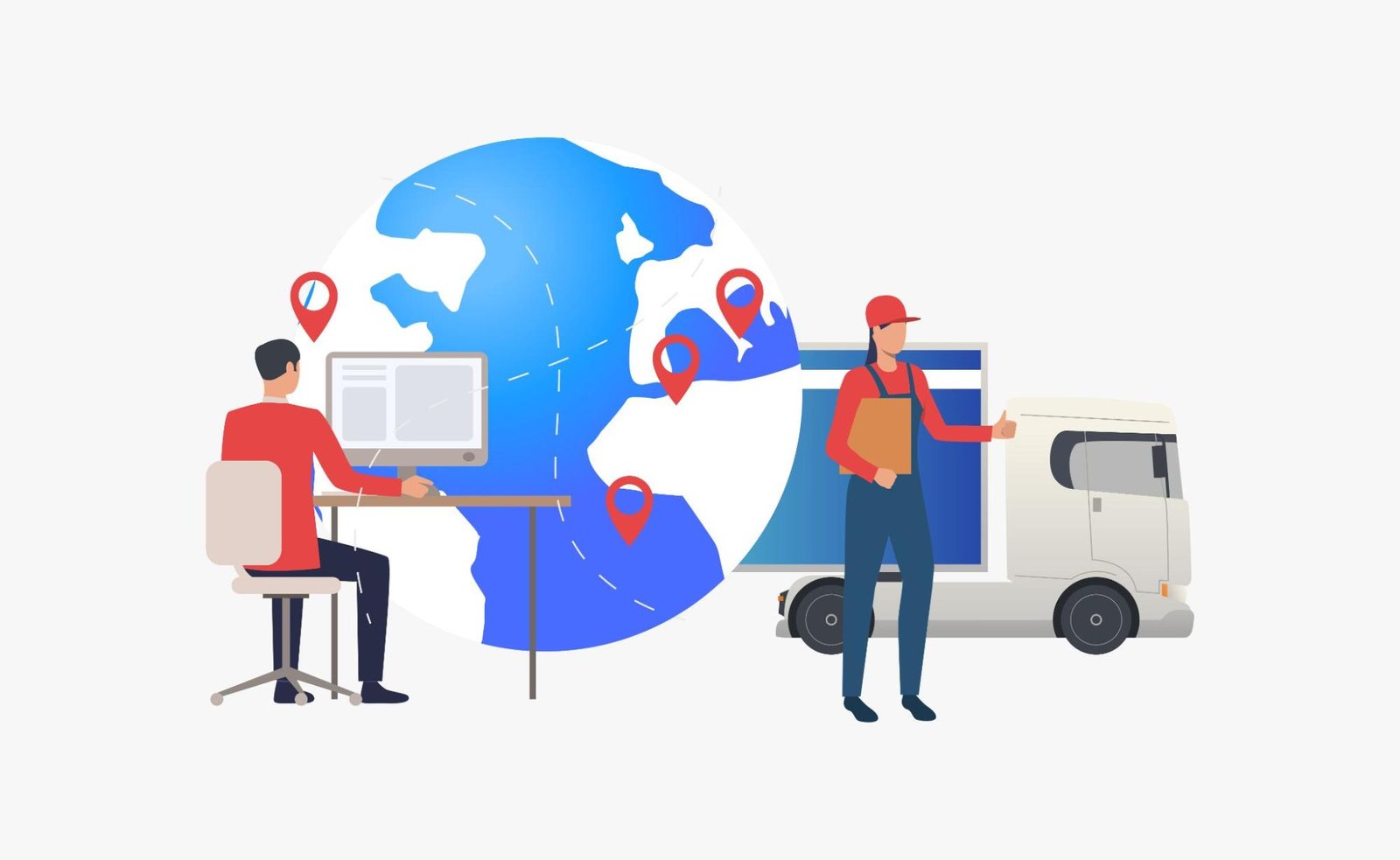 A person sits at a desk, working on a computer. Behind them, a large globe features several location markers, suggesting global logistics or shipment tracking. Nearby, a delivery person stands next to a truck, holding a clipboard and giving a thumbs-up, symbolizing efficient delivery services.