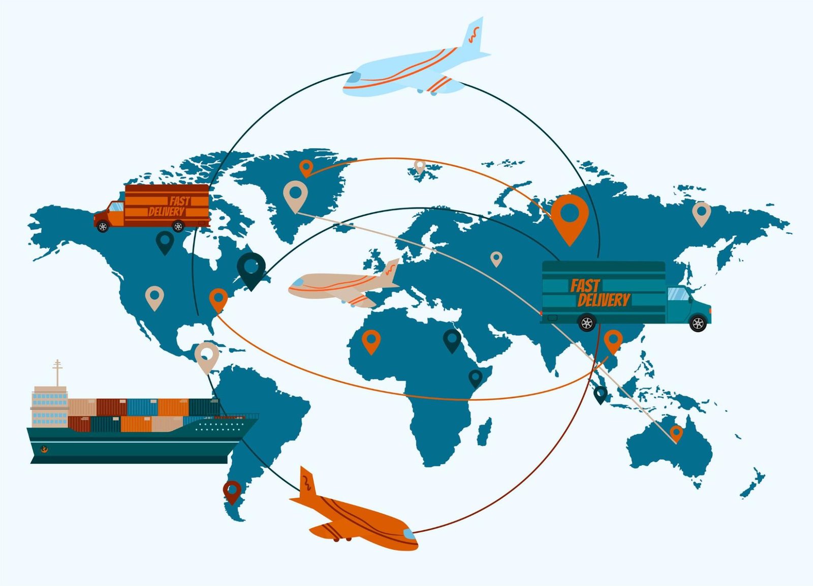 A stylized world map illustrates various modes of transportation, including airplanes, trucks, and a cargo ship. Location pins mark different points around the globe, suggesting global logistics and shipment routes. Two trucks labeled "FAST DELIVERY" appear in North America and Asia, while three airplanes are shown flying over different continents. A cargo ship is positioned near South America, visually representing international trade and connectivity.