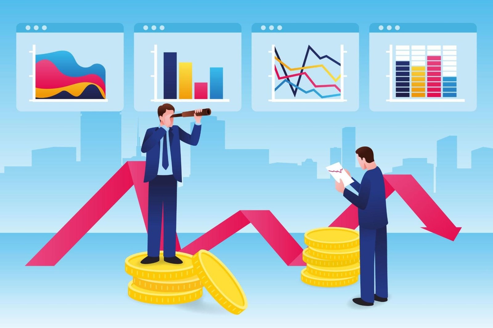 Two men in business suits stand on stacks of large gold coins. One man peers through a telescope, while the other examines a piece of paper with a graph. Behind them, a red arrow zigzags downward, indicating a decline. Floating above them are four charts: a multi-colored area graph, a bar graph, a line graph, and a table with colored bars. The background features a cityscape silhouette, reinforcing a financial or economic theme.
