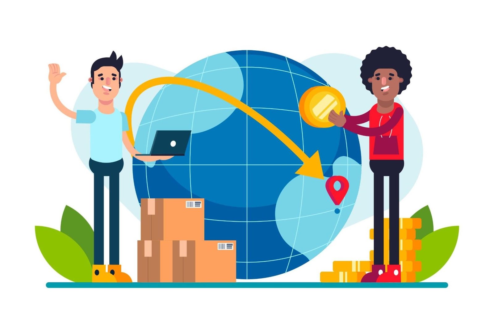 Two individuals stand on opposite sides of a large globe. The person on the left holds a laptop and waves, while the person on the right carries a large coin. An arrow connects the laptop to the coin, illustrating a transaction or exchange. Below the globe, several cardboard boxes sit on the left side, while stacks of coins are positioned on the right side. A location pin marks a spot on the globe, signifying a specific destination or point of interest. The image appears to represent global trade, e-commerce, or international transactions.
