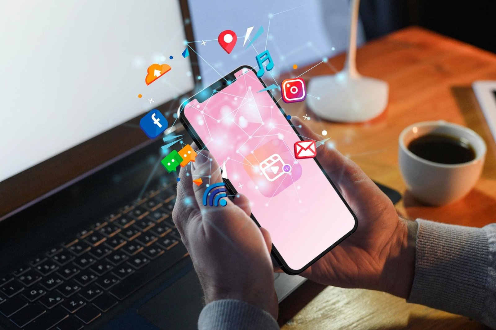 A person holds a smartphone with various digital icons floating around it, representing different applications and services. The icons include social media platforms like Facebook and Instagram, messaging apps, email, music, location services, cloud storage, and Wi-Fi. The smartphone screen displays a pink background with a video editing icon. The person is seated at a desk with a laptop and a cup of coffee nearby, illustrating the integration of multiple digital services and applications on a single device.