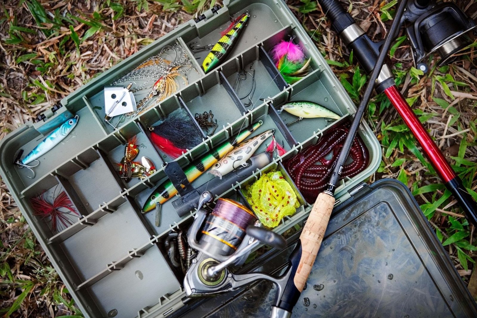 A fishing tackle box is open, displaying a variety of fishing lures, hooks, and accessories neatly organized in compartments. The colorful lures include fish-shaped designs, feathered options, and metallic spinners. Next to the tackle box, fishing rods with reels are placed, highlighting a well-prepared fishing setup. The image showcases essential fishing gear for different types of fishing activities.