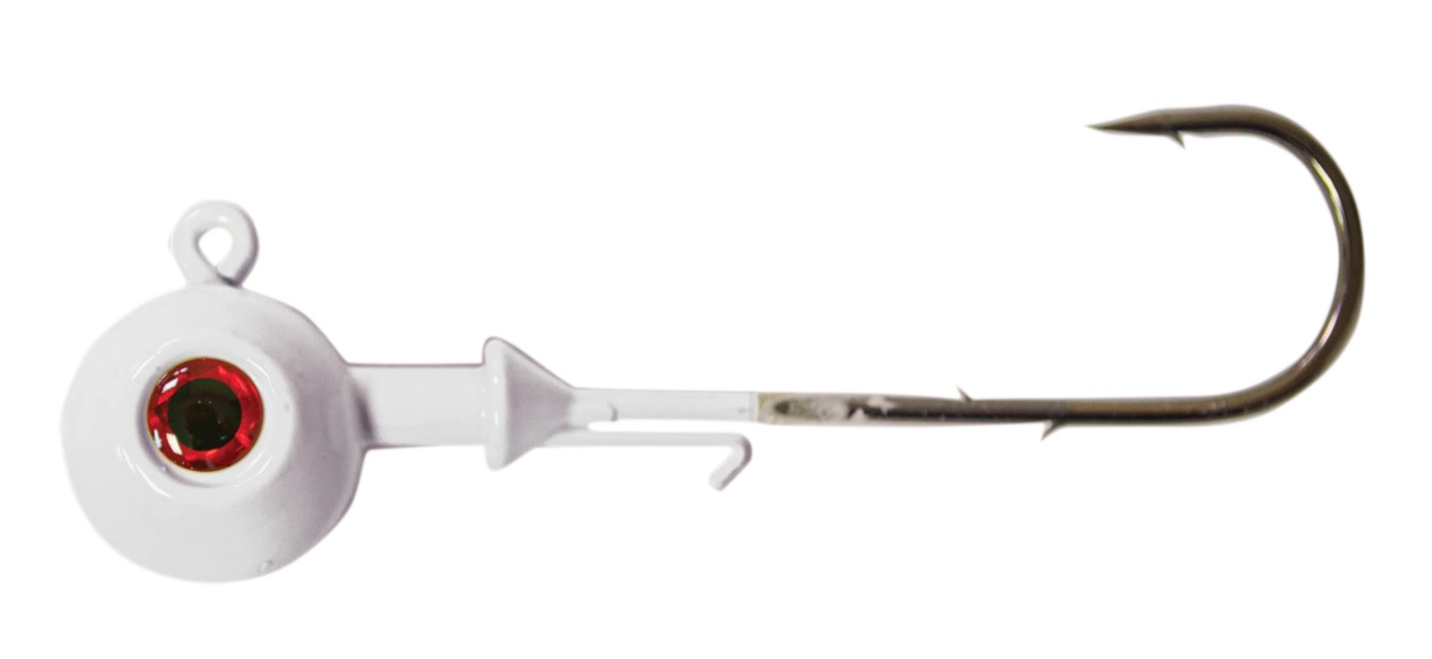A fishing jig head with a hook attached. The jig head is white with a red and black eye design, while the metallic hook has a sharp point and a barb. This type of jig head is used for attaching soft plastic baits, helping anglers attract fish effectively.