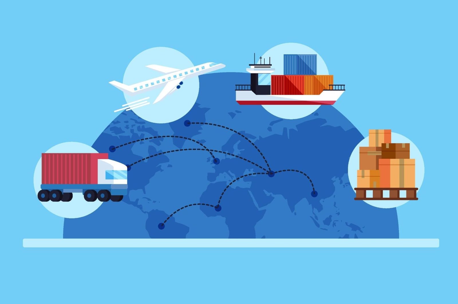 A colorful illustration depicting global logistics and supply chain operations. A world map in the background is overlaid with icons of a cargo ship, an airplane, a delivery truck, and stacked cardboard boxes. Dotted lines connect different regions, symbolizing international shipping routes and global trade.